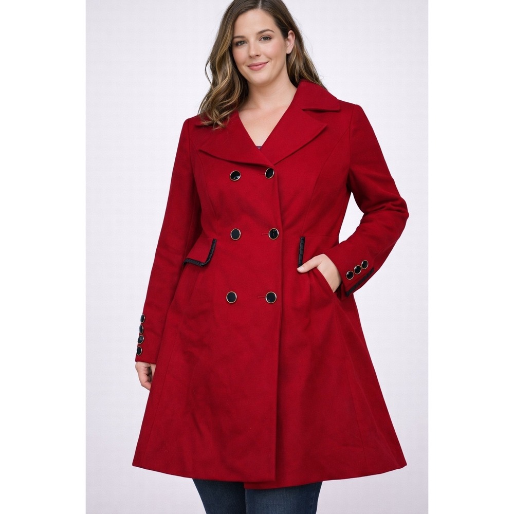Betsey Johnson Red Double Breasted Wool Blend Coat with Black Trim Women
